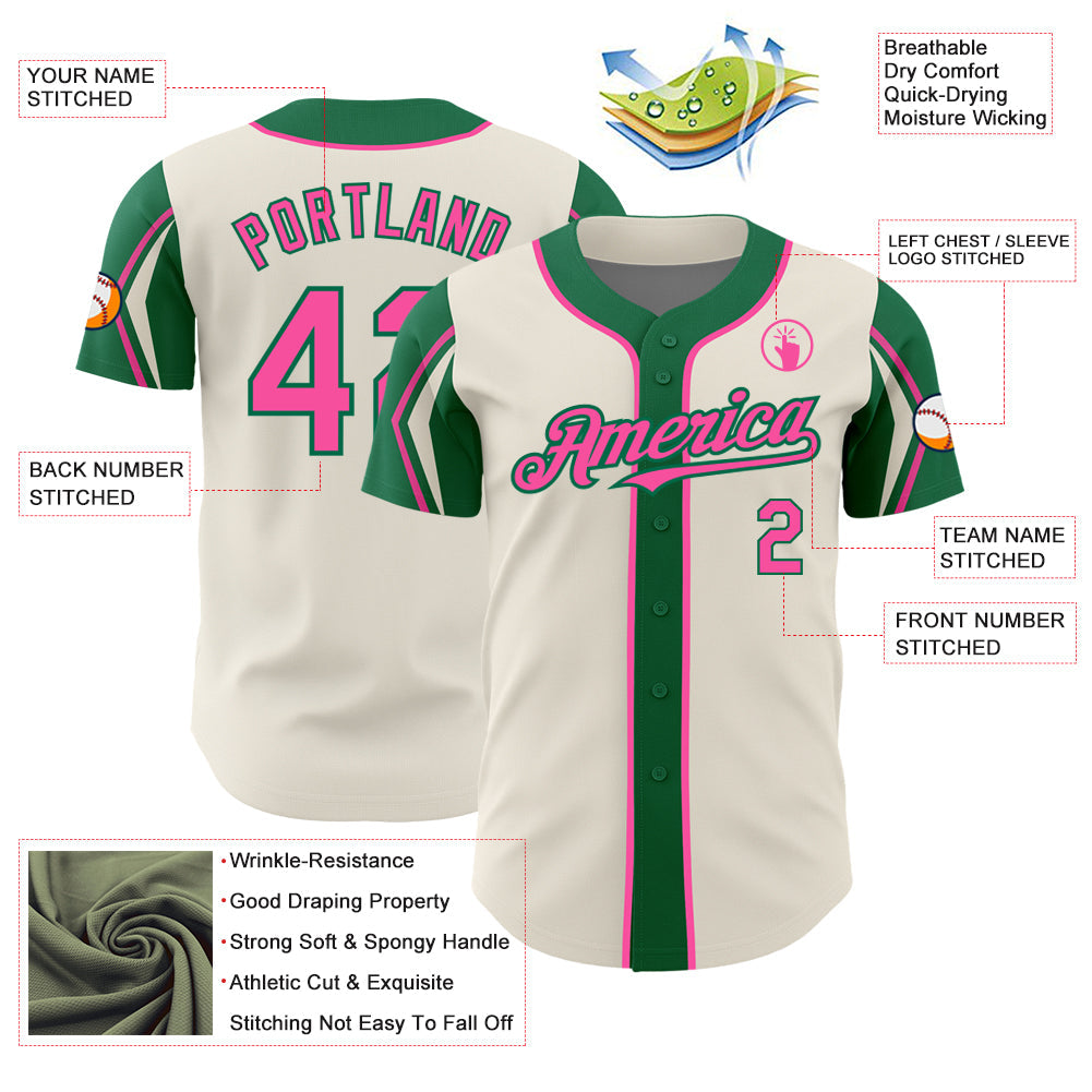 Custom Cream Pink-Kelly Green 3 Colors Arm Shapes Authentic Baseball Jersey view 4