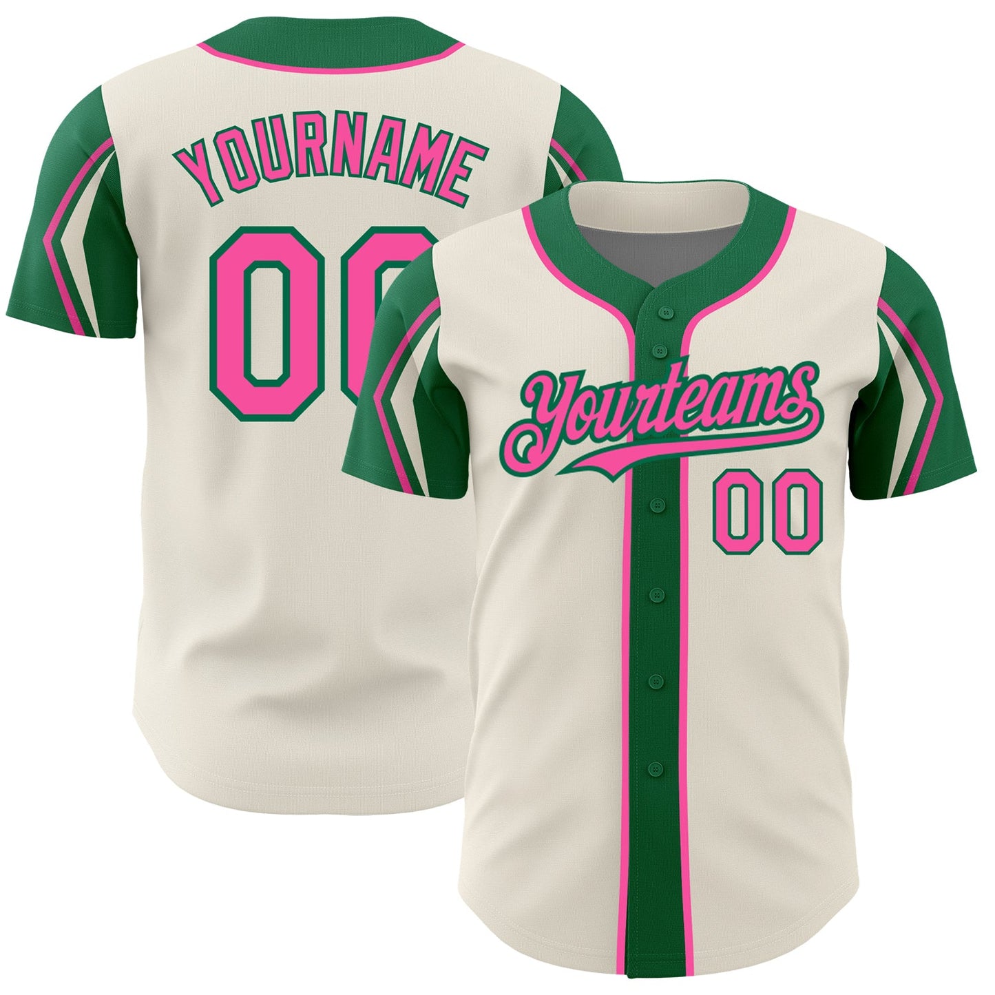 Custom Cream Pink-Kelly Green 3 Colors Arm Shapes Authentic Baseball Jersey - Main View