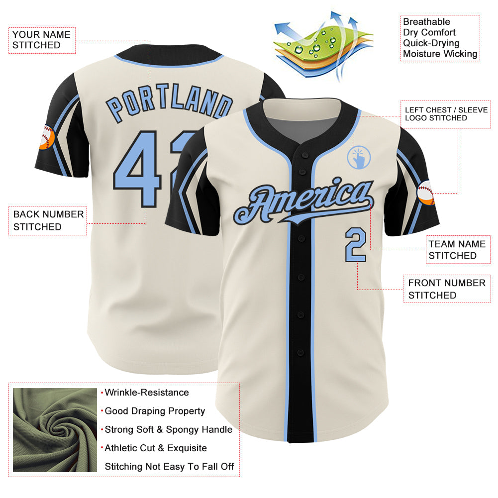 Custom Cream Light Blue-Black 3 Colors Arm Shapes Authentic Baseball Jersey view 4