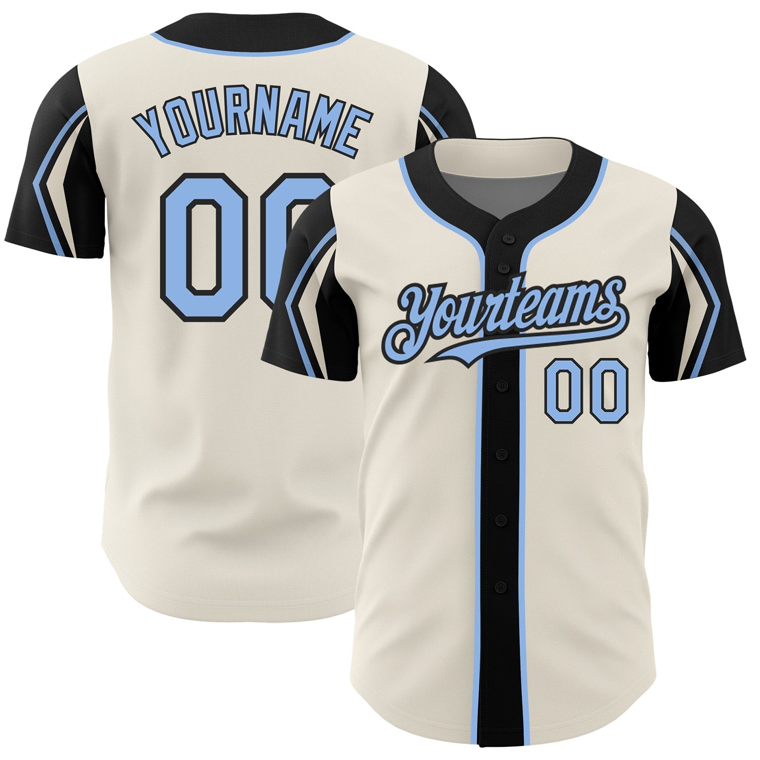 Custom Cream Light Blue-Black 3 Colors Arm Shapes Authentic Baseball Jersey - Main View