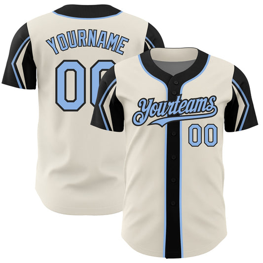 Custom Cream Light Blue-Black 3 Colors Arm Shapes Authentic Baseball Jersey - Main View
