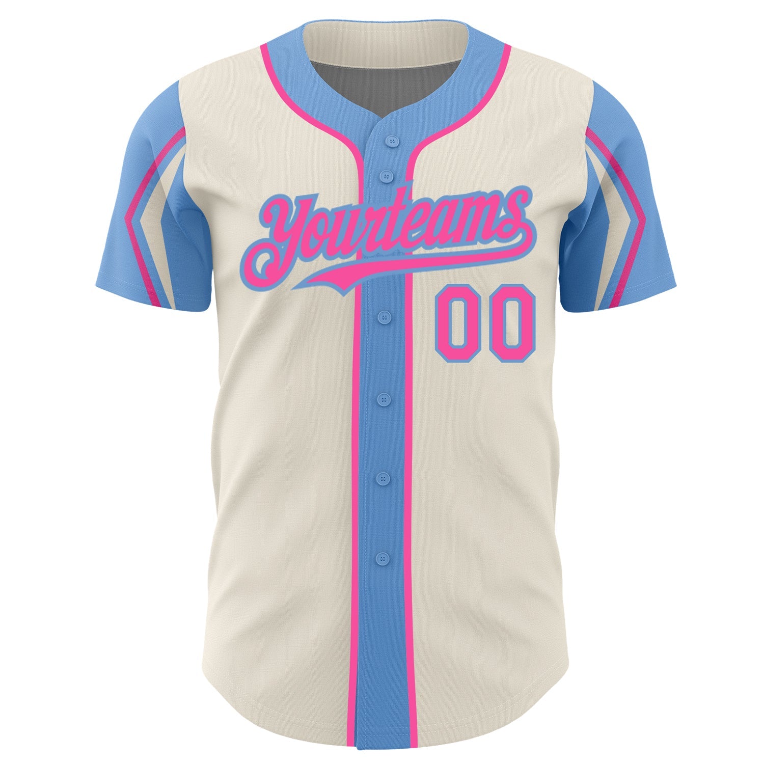 Custom Cream Pink-Light Blue 3 Colors Arm Shapes Authentic Baseball Jersey view 3
