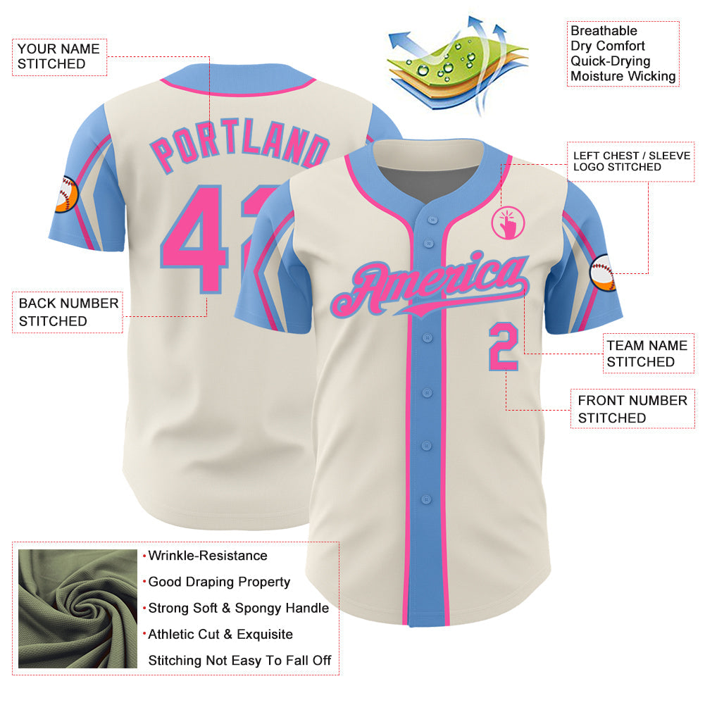 Custom Cream Pink-Light Blue 3 Colors Arm Shapes Authentic Baseball Jersey view 4