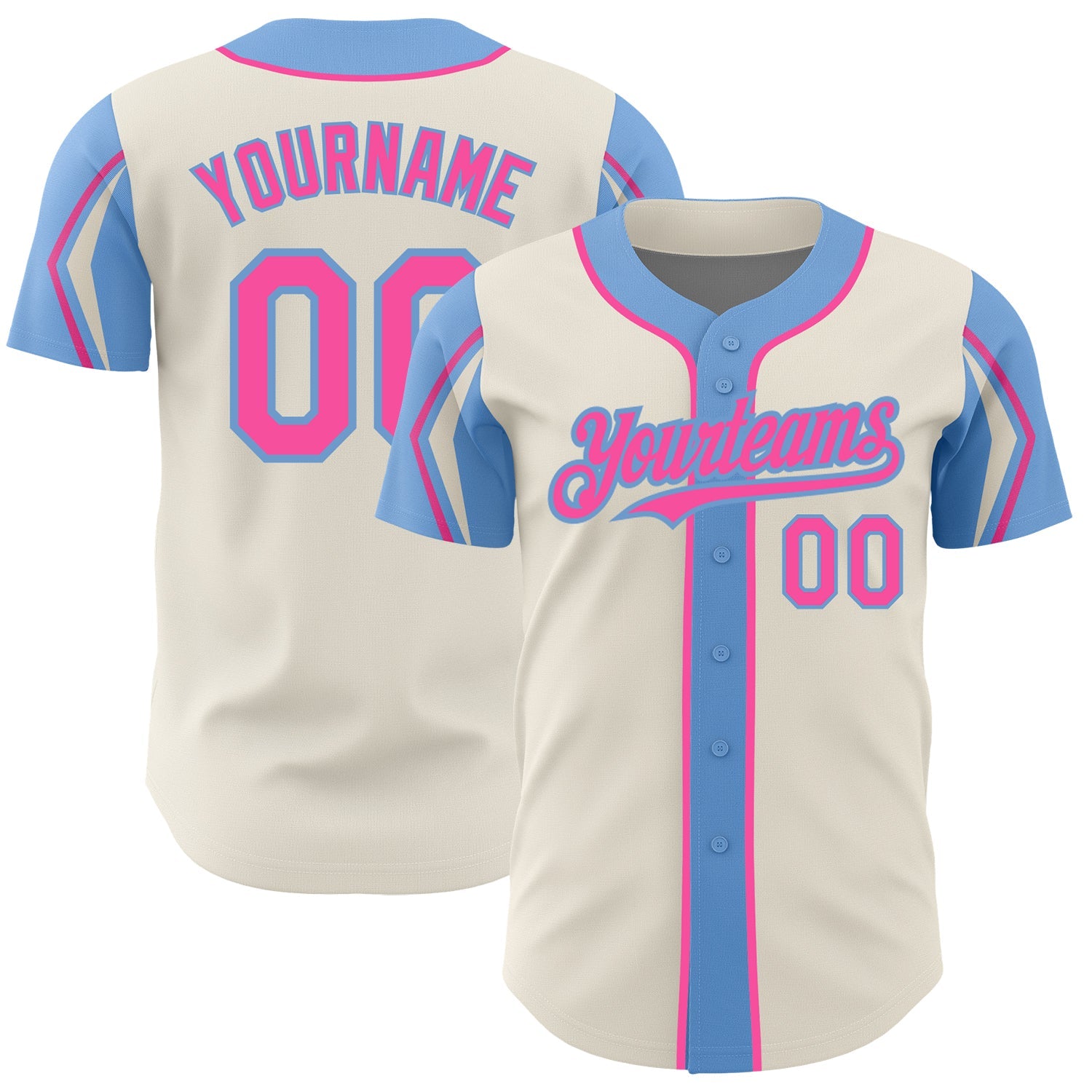 Custom Cream Pink-Light Blue 3 Colors Arm Shapes Authentic Baseball Jersey - Main View