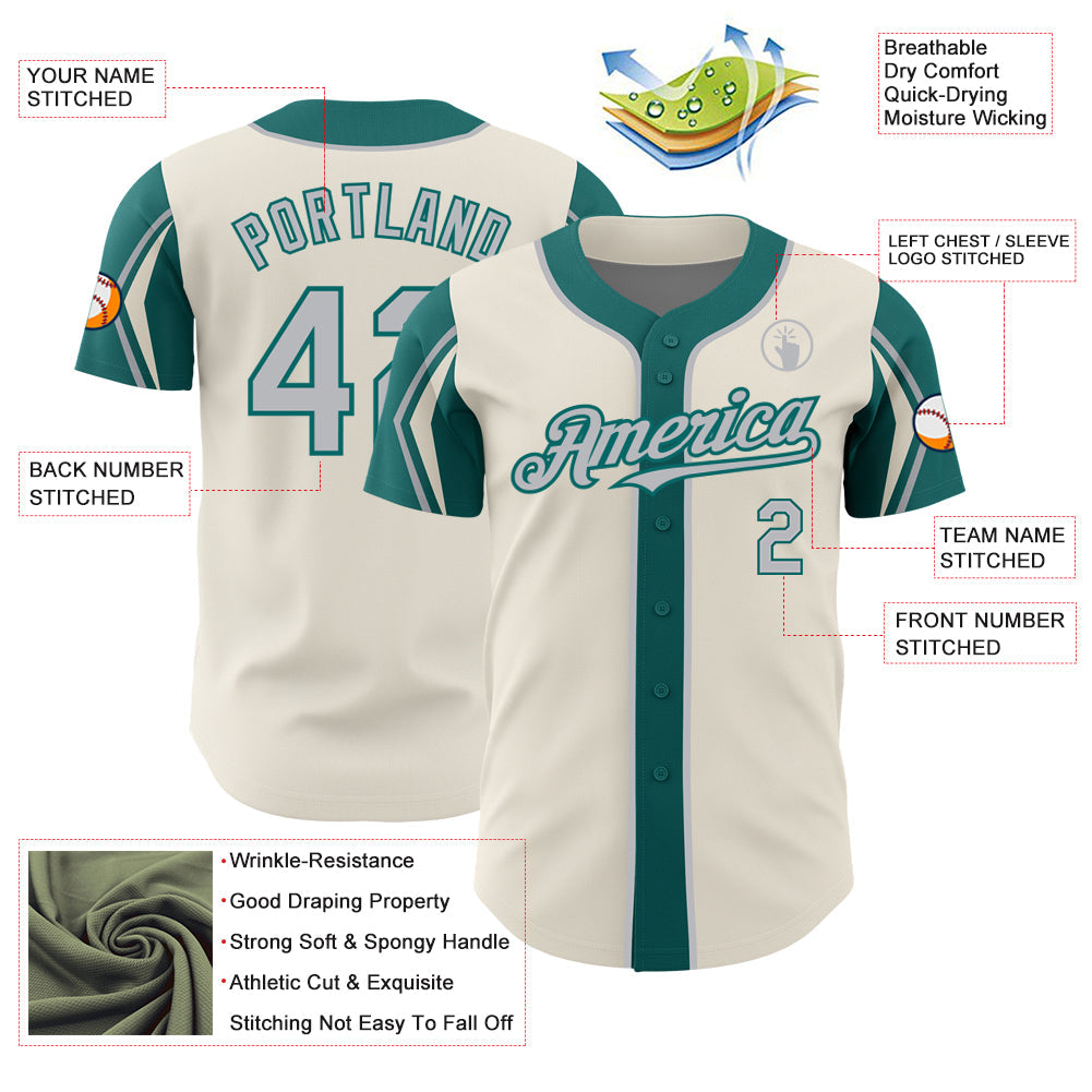 Custom Cream Gray-Teal 3 Colors Arm Shapes Authentic Baseball Jersey view 4
