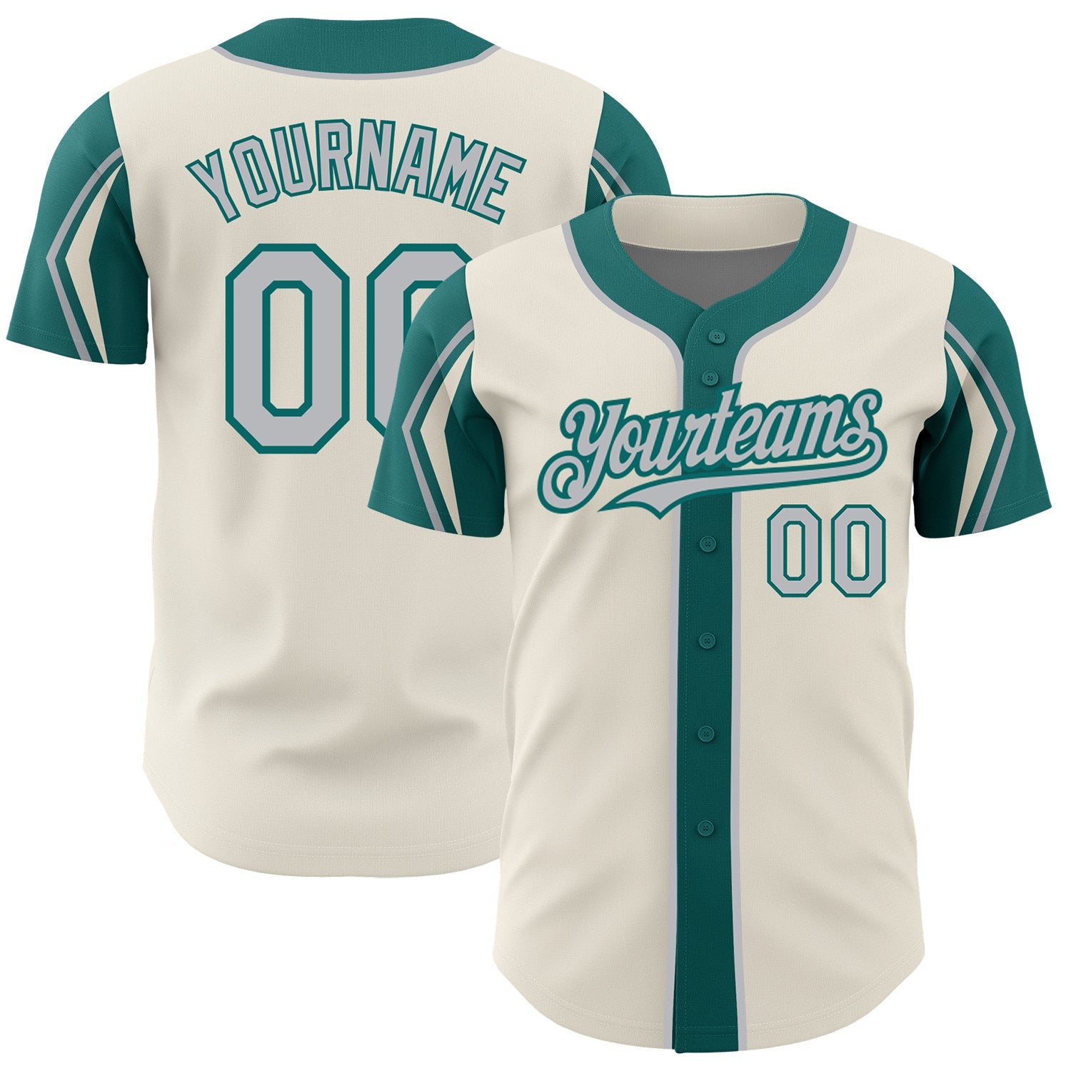 Custom Cream Gray-Teal 3 Colors Arm Shapes Authentic Baseball Jersey - Main View