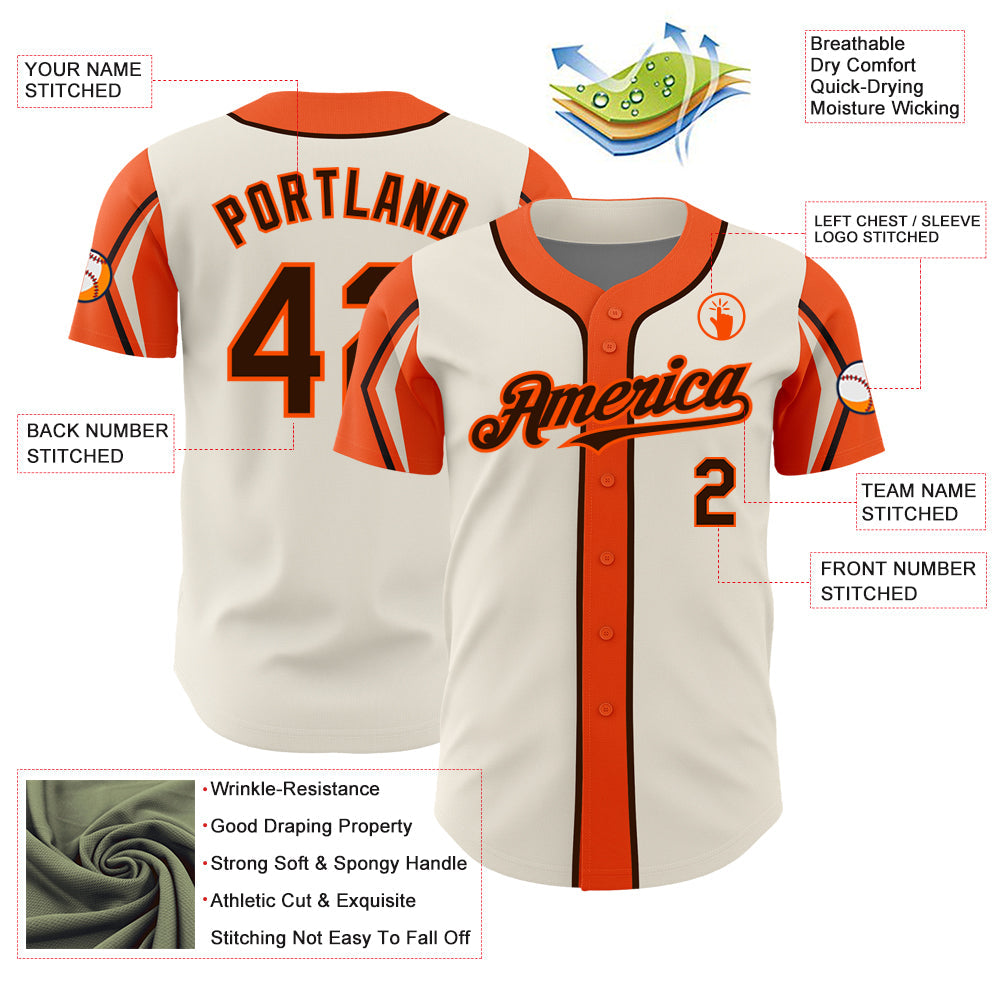 Custom Cream Brown-Orange 3 Colors Arm Shapes Authentic Baseball Jersey view 4