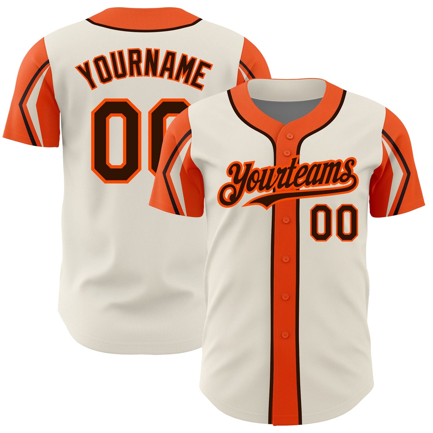 Custom Cream Brown-Orange 3 Colors Arm Shapes Authentic Baseball Jersey - Main View