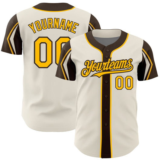 Custom Cream Gold-Brown 3 Colors Arm Shapes Authentic Baseball Jersey - Main View
