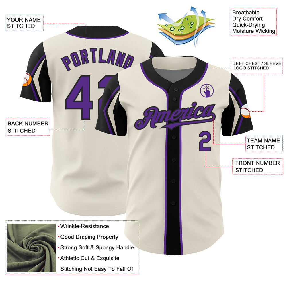 Custom Cream Purple-Black 3 Colors Arm Shapes Authentic Baseball Jersey view 4