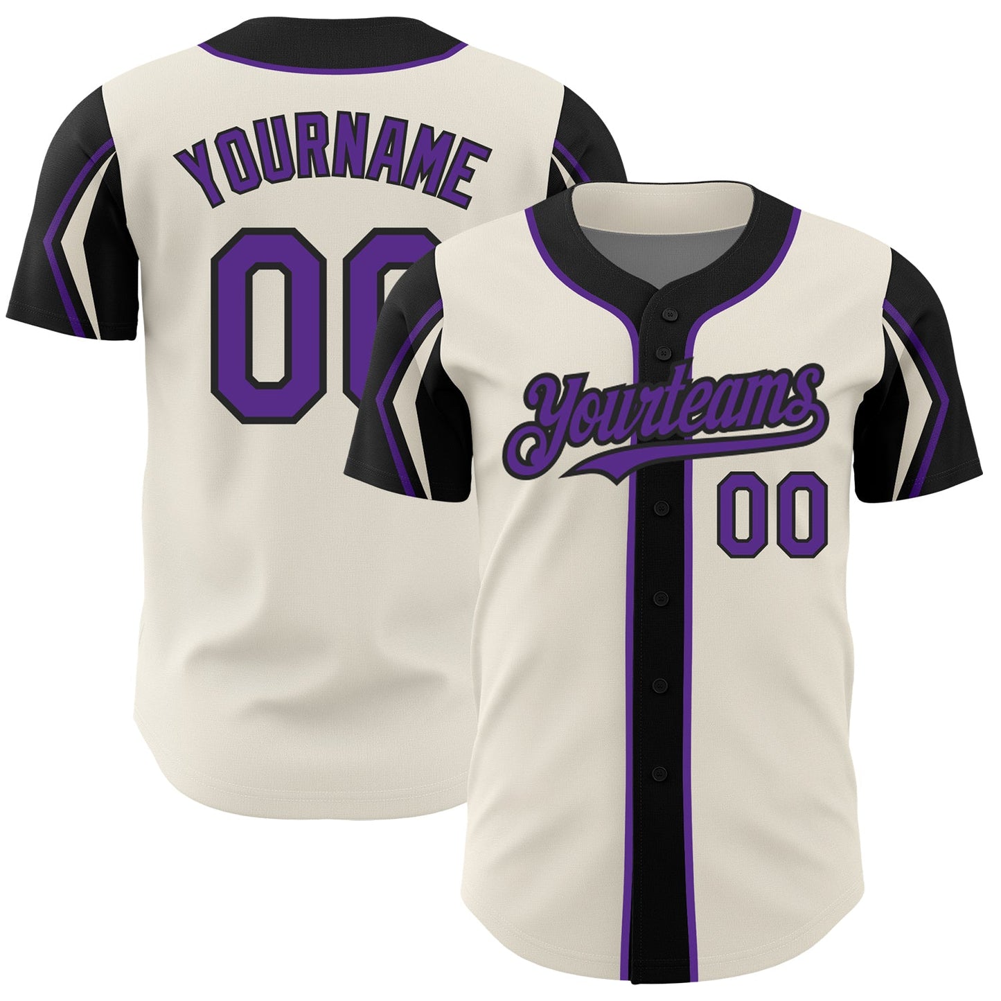 Custom Cream Purple-Black 3 Colors Arm Shapes Authentic Baseball Jersey - Main View