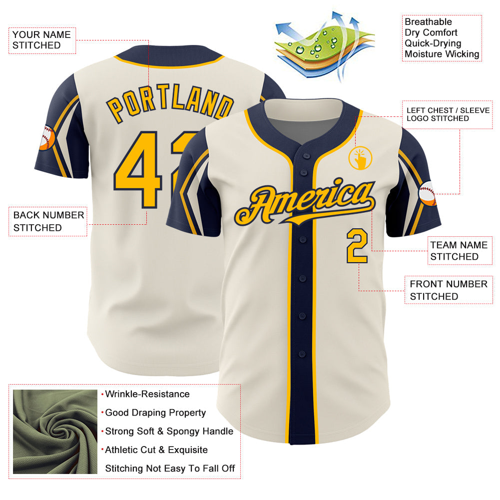 Custom Cream Gold-Navy 3 Colors Arm Shapes Authentic Baseball Jersey view 4