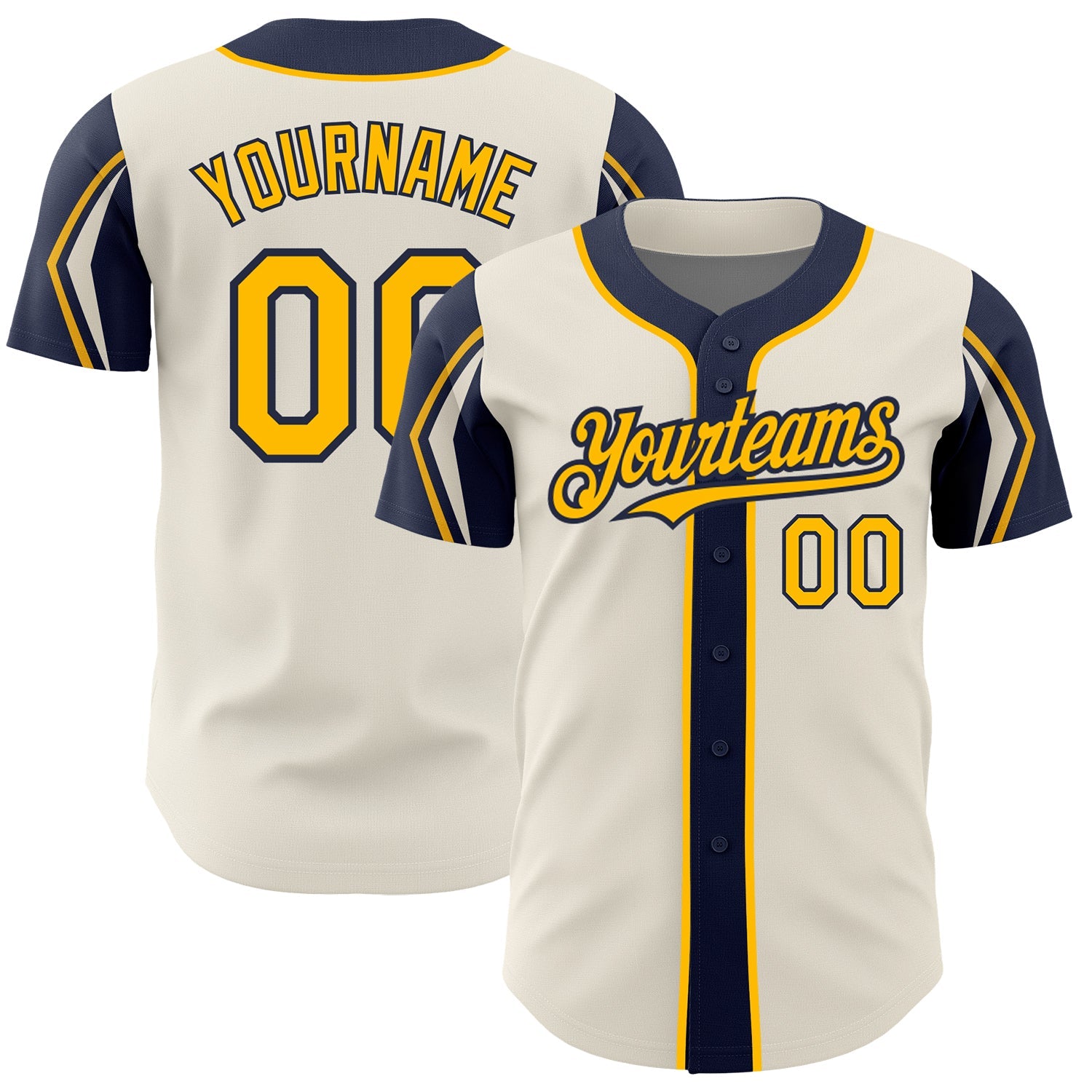 Custom Cream Gold-Navy 3 Colors Arm Shapes Authentic Baseball Jersey - Main View