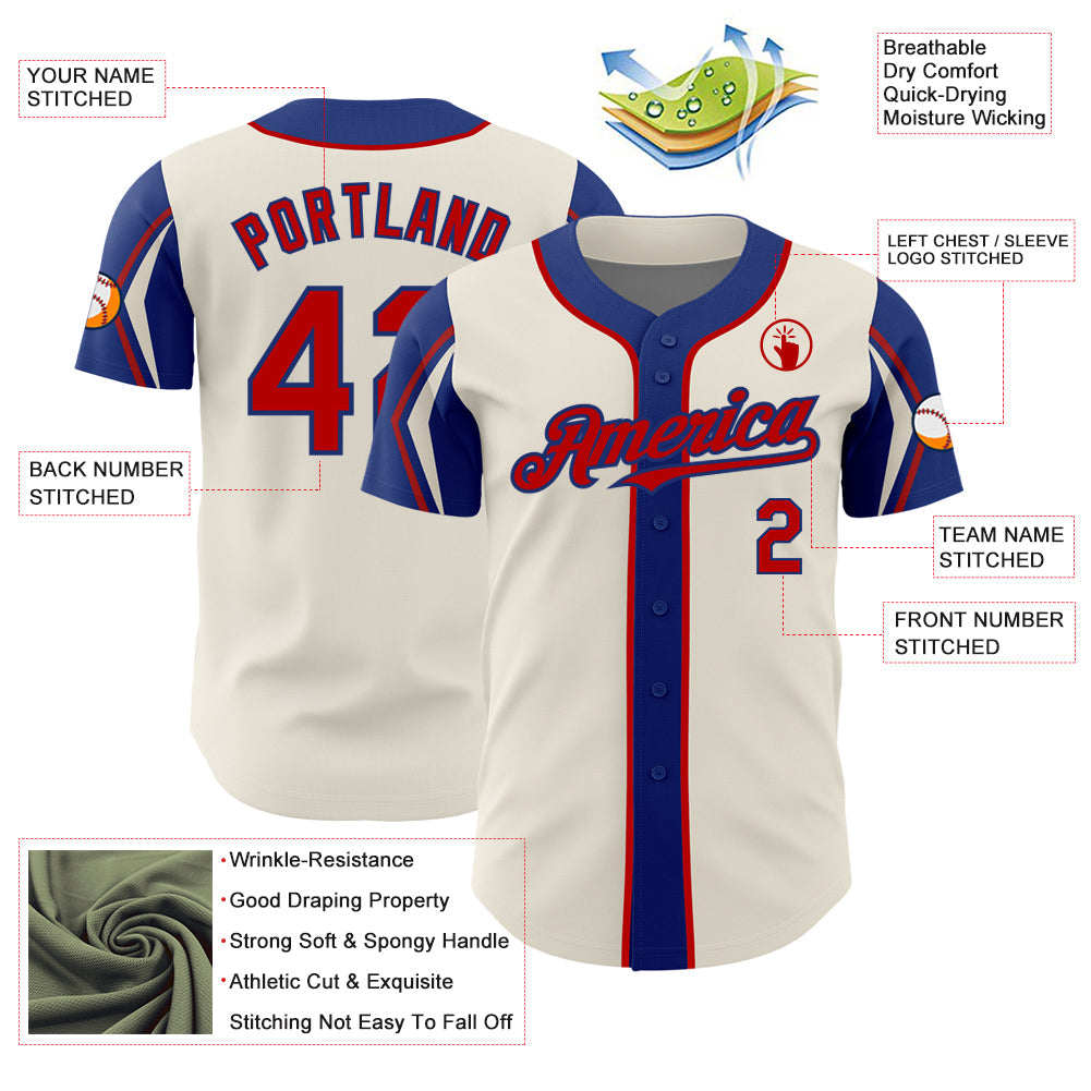 Custom Cream Red-Royal 3 Colors Arm Shapes Authentic Baseball Jersey view 4