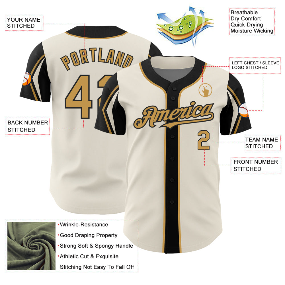 Custom Cream Old Gold-Black 3 Colors Arm Shapes Authentic Baseball Jersey view 4