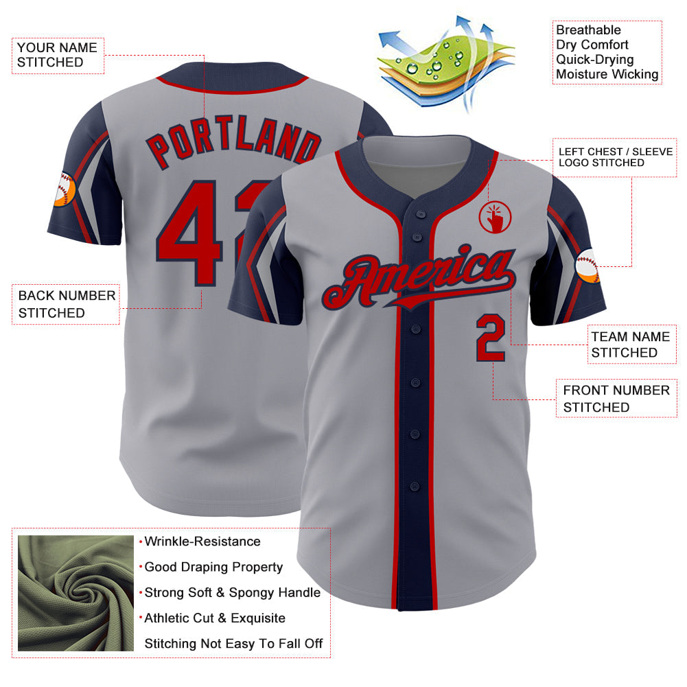 Custom Gray Red-Navy 3 Colors Arm Shapes Authentic Baseball Jersey view 4