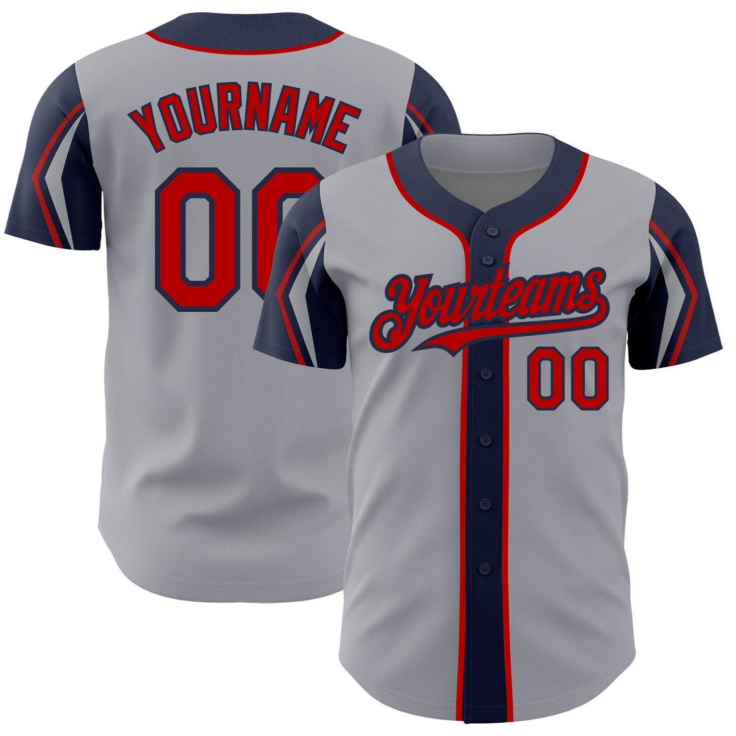 Custom Gray Red-Navy 3 Colors Arm Shapes Authentic Baseball Jersey - Main View