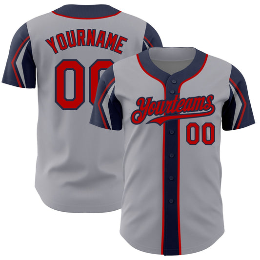 Custom Gray Red-Navy 3 Colors Arm Shapes Authentic Baseball Jersey - Main View