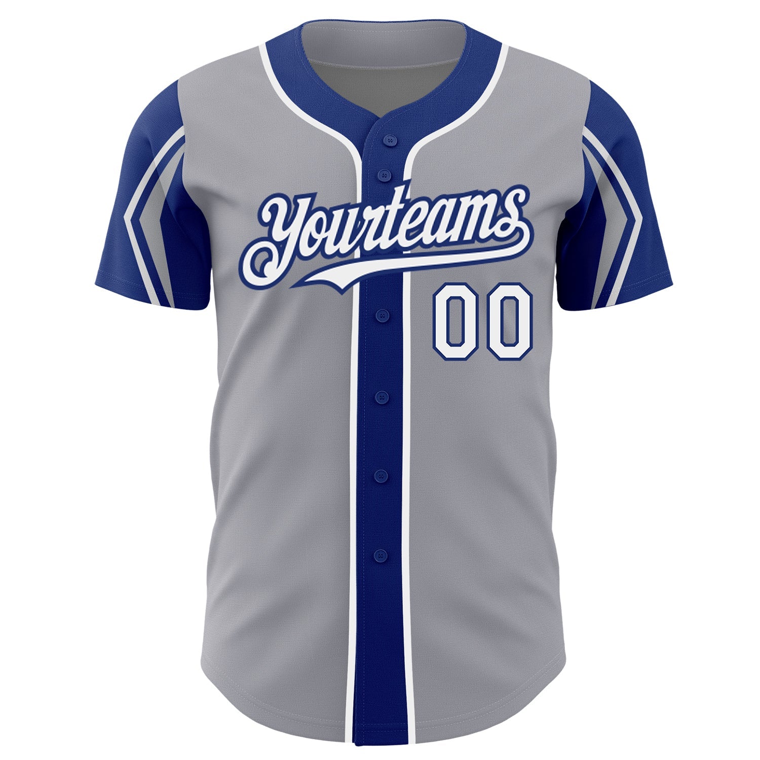 Custom Gray White-Royal 3 Colors Arm Shapes Authentic Baseball Jersey view 3