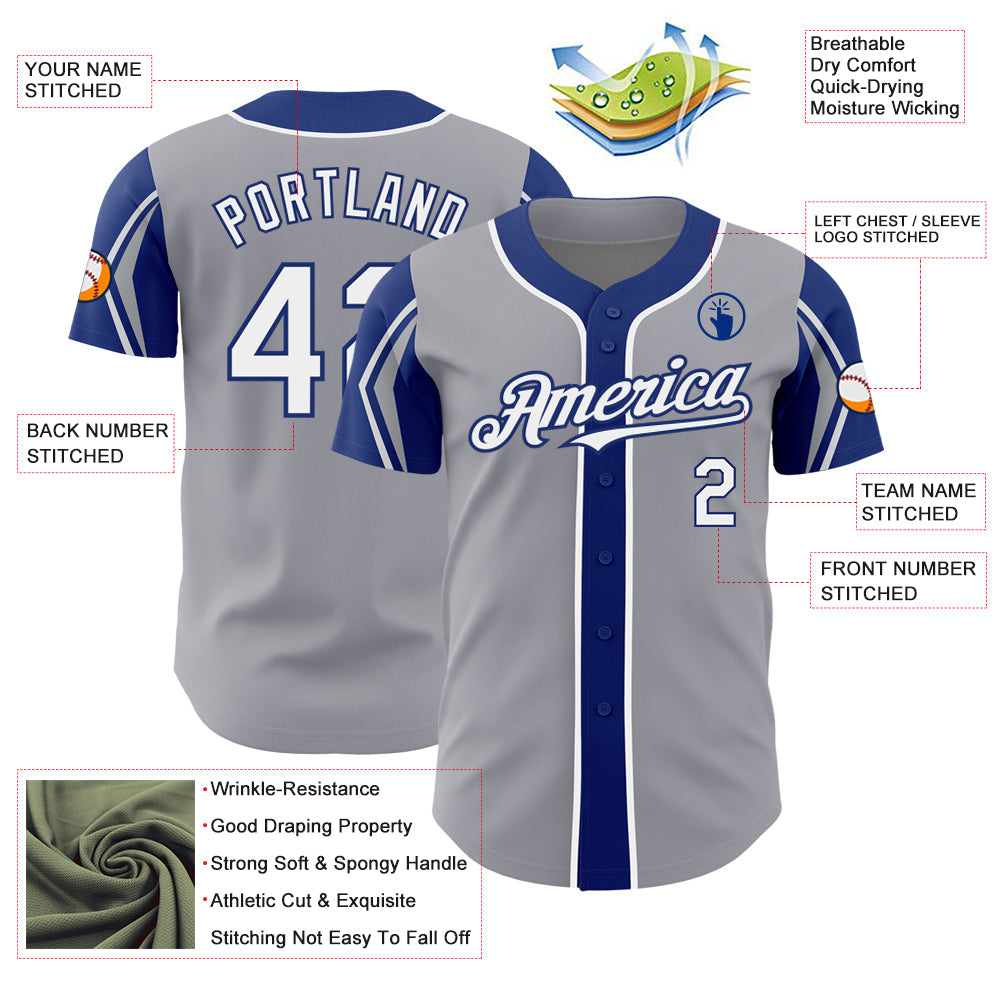 Custom Gray White-Royal 3 Colors Arm Shapes Authentic Baseball Jersey view 4