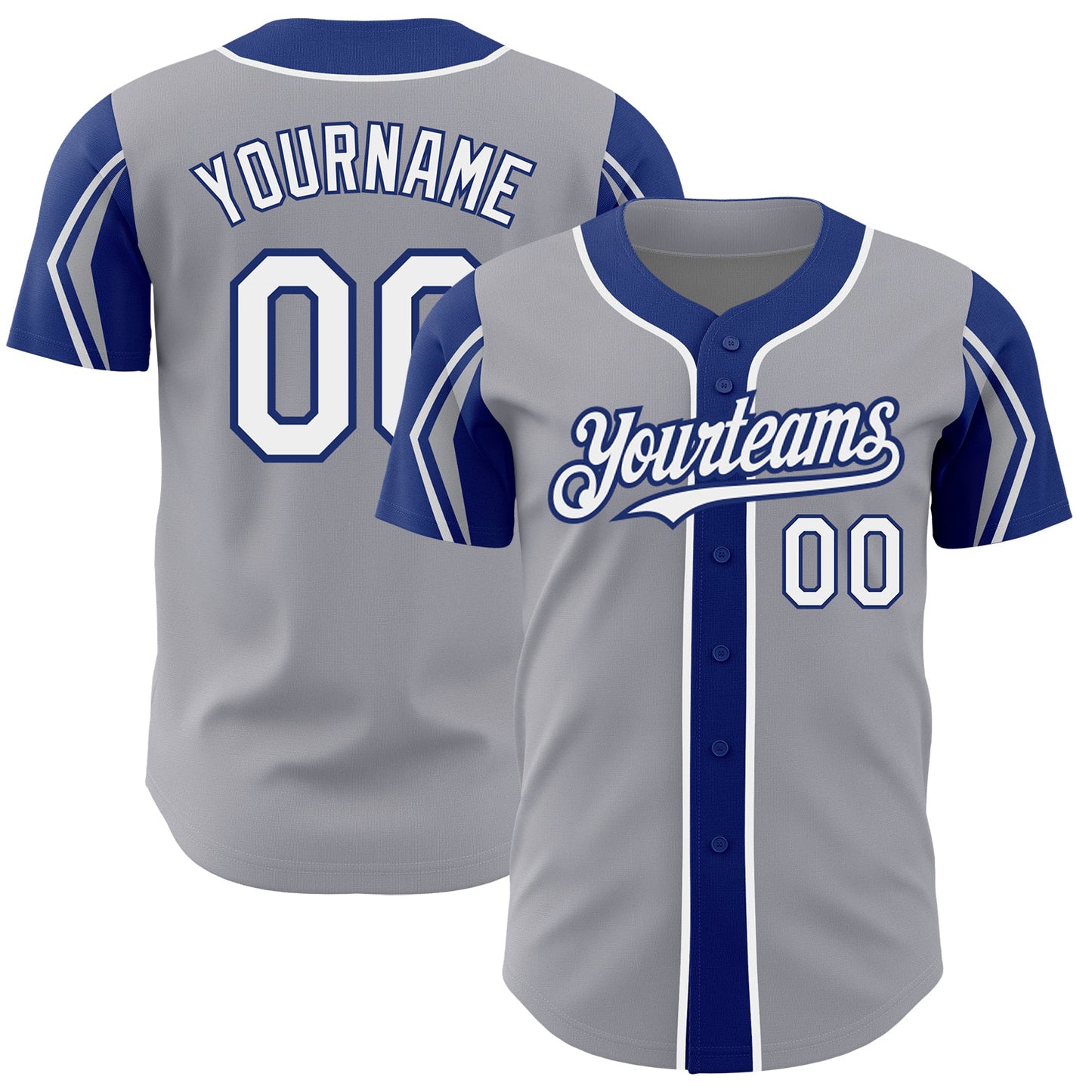 Custom Gray White-Royal 3 Colors Arm Shapes Authentic Baseball Jersey - Main View
