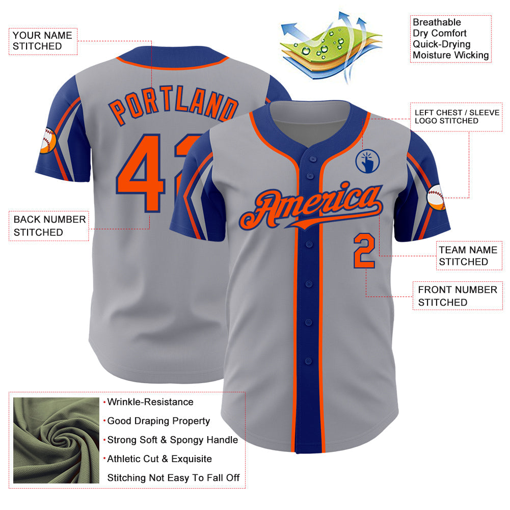 Custom Gray Orange-Royal 3 Colors Arm Shapes Authentic Baseball Jersey view 4