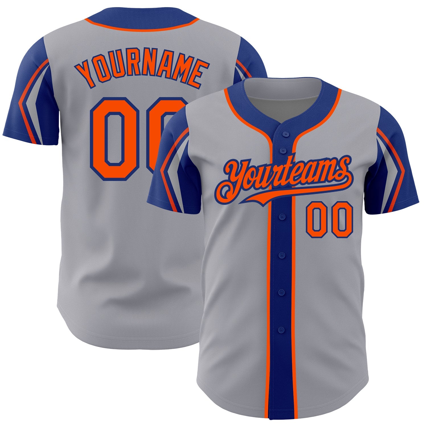 Custom Gray Orange-Royal 3 Colors Arm Shapes Authentic Baseball Jersey - Main View