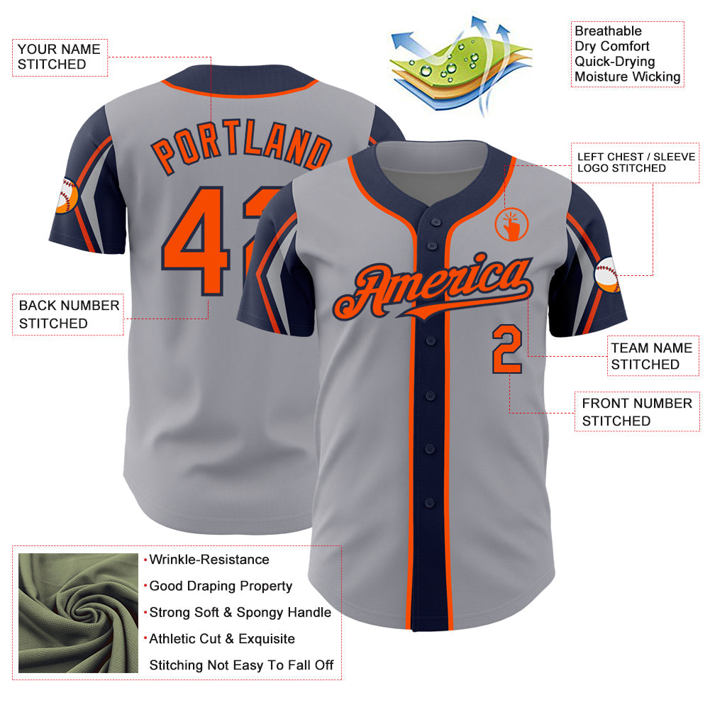 Custom Gray Orange-Navy 3 Colors Arm Shapes Authentic Baseball Jersey view 4