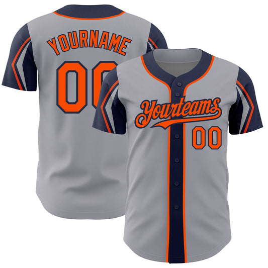 Custom Gray Orange-Navy 3 Colors Arm Shapes Authentic Baseball Jersey - Main View
