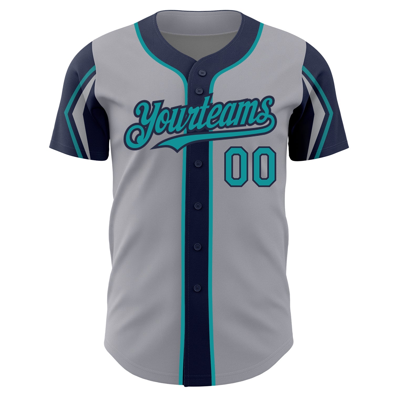 Custom Gray Teal-Navy 3 Colors Arm Shapes Authentic Baseball Jersey view 3