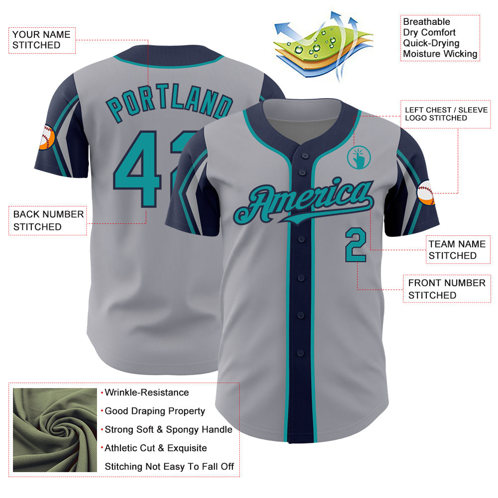 Custom Gray Teal-Navy 3 Colors Arm Shapes Authentic Baseball Jersey view 4