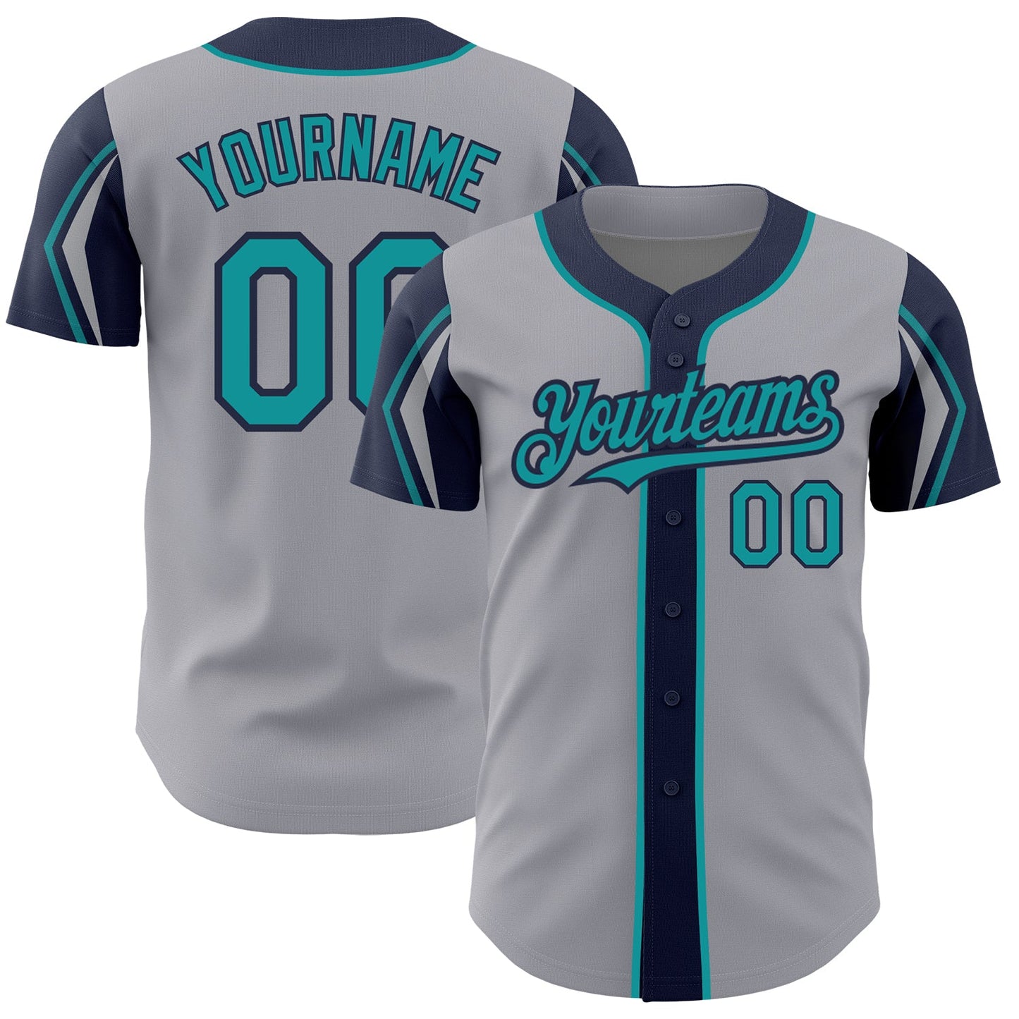 Custom Gray Teal-Navy 3 Colors Arm Shapes Authentic Baseball Jersey - Main View