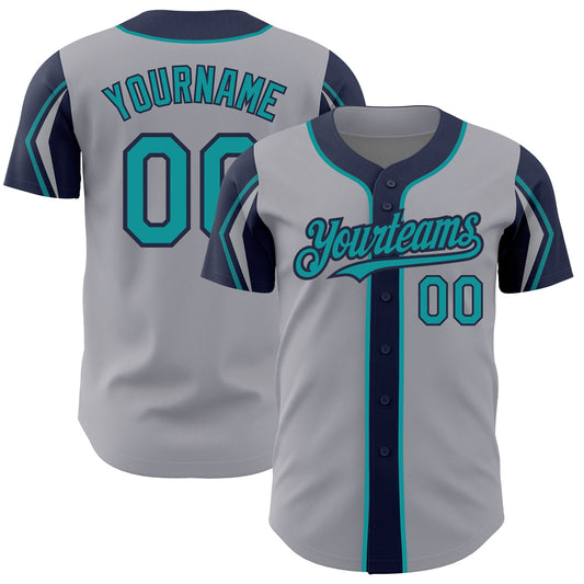 Custom Gray Teal-Navy 3 Colors Arm Shapes Authentic Baseball Jersey - Main View