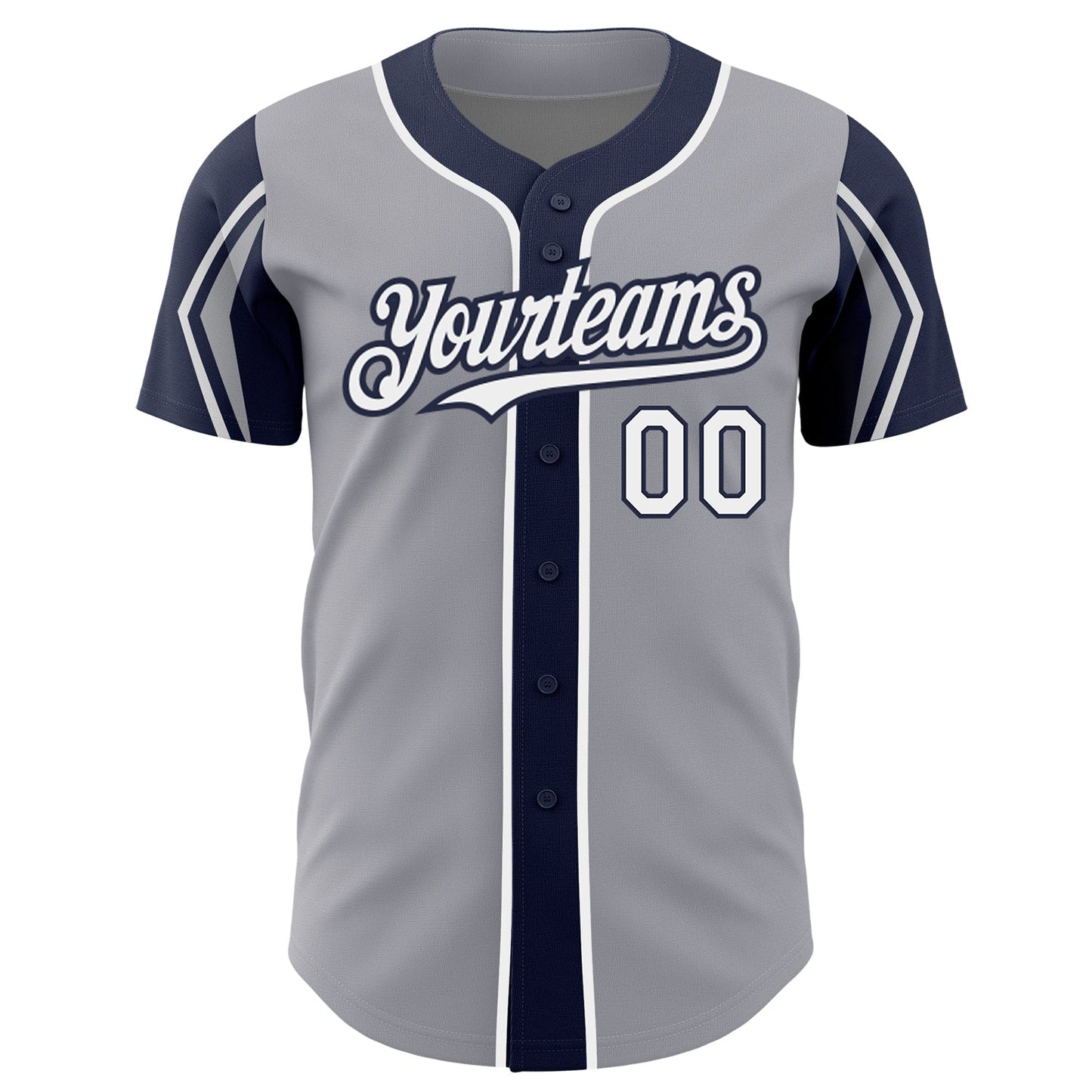 Custom Gray White-Navy 3 Colors Arm Shapes Authentic Baseball Jersey view 3