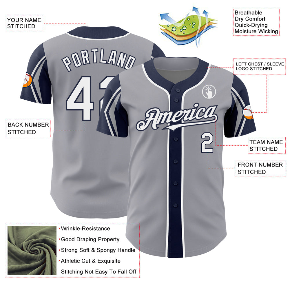 Custom Gray White-Navy 3 Colors Arm Shapes Authentic Baseball Jersey view 4