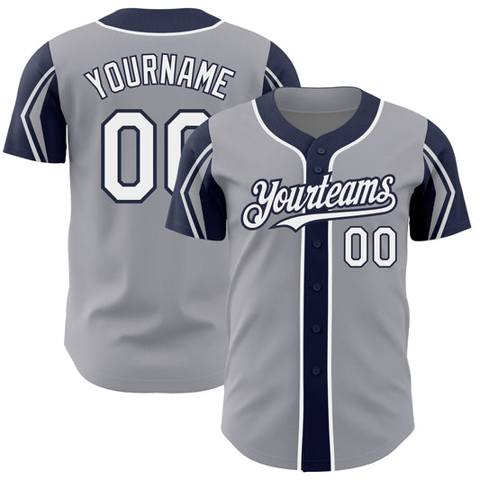 Custom Gray White-Navy 3 Colors Arm Shapes Authentic Baseball Jersey - Main View