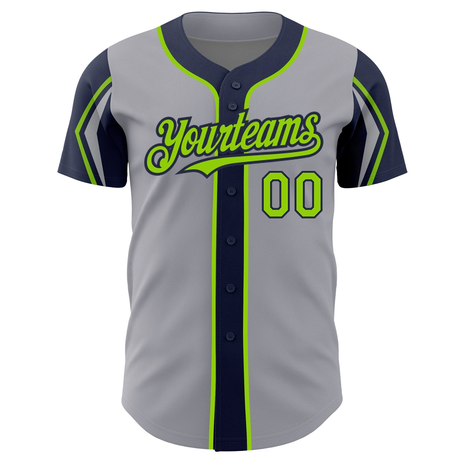 Custom Gray Neon Green-Navy 3 Colors Arm Shapes Authentic Baseball Jersey view 3