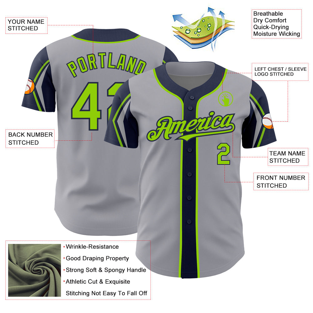 Custom Gray Neon Green-Navy 3 Colors Arm Shapes Authentic Baseball Jersey view 4