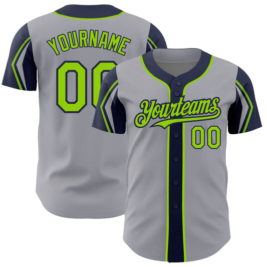 Custom Gray Neon Green-Navy 3 Colors Arm Shapes Authentic Baseball Jersey - Main View