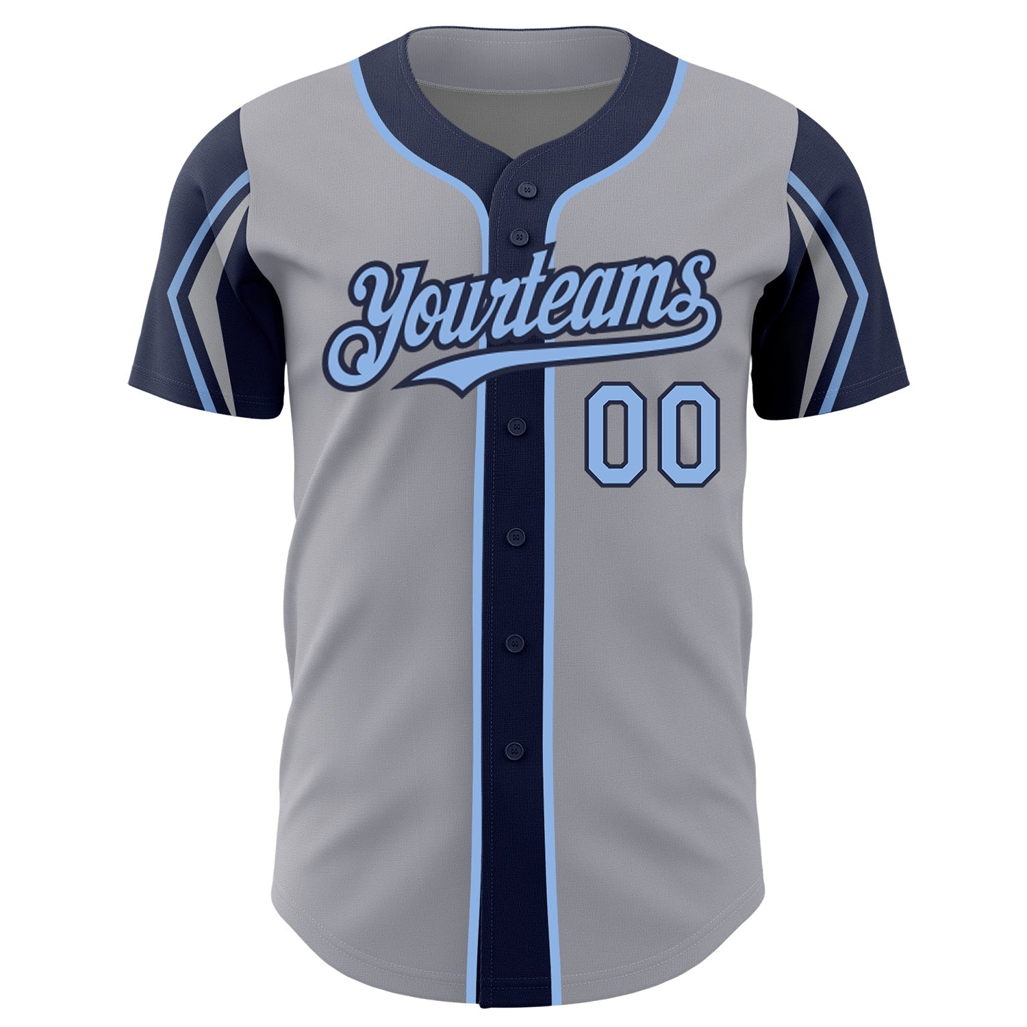 Custom Gray Light Blue-Navy 3 Colors Arm Shapes Authentic Baseball Jersey view 3