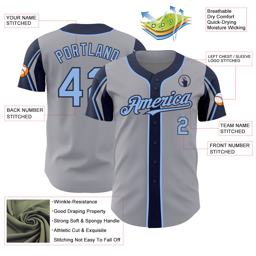 Custom Gray Light Blue-Navy 3 Colors Arm Shapes Authentic Baseball Jersey view 4