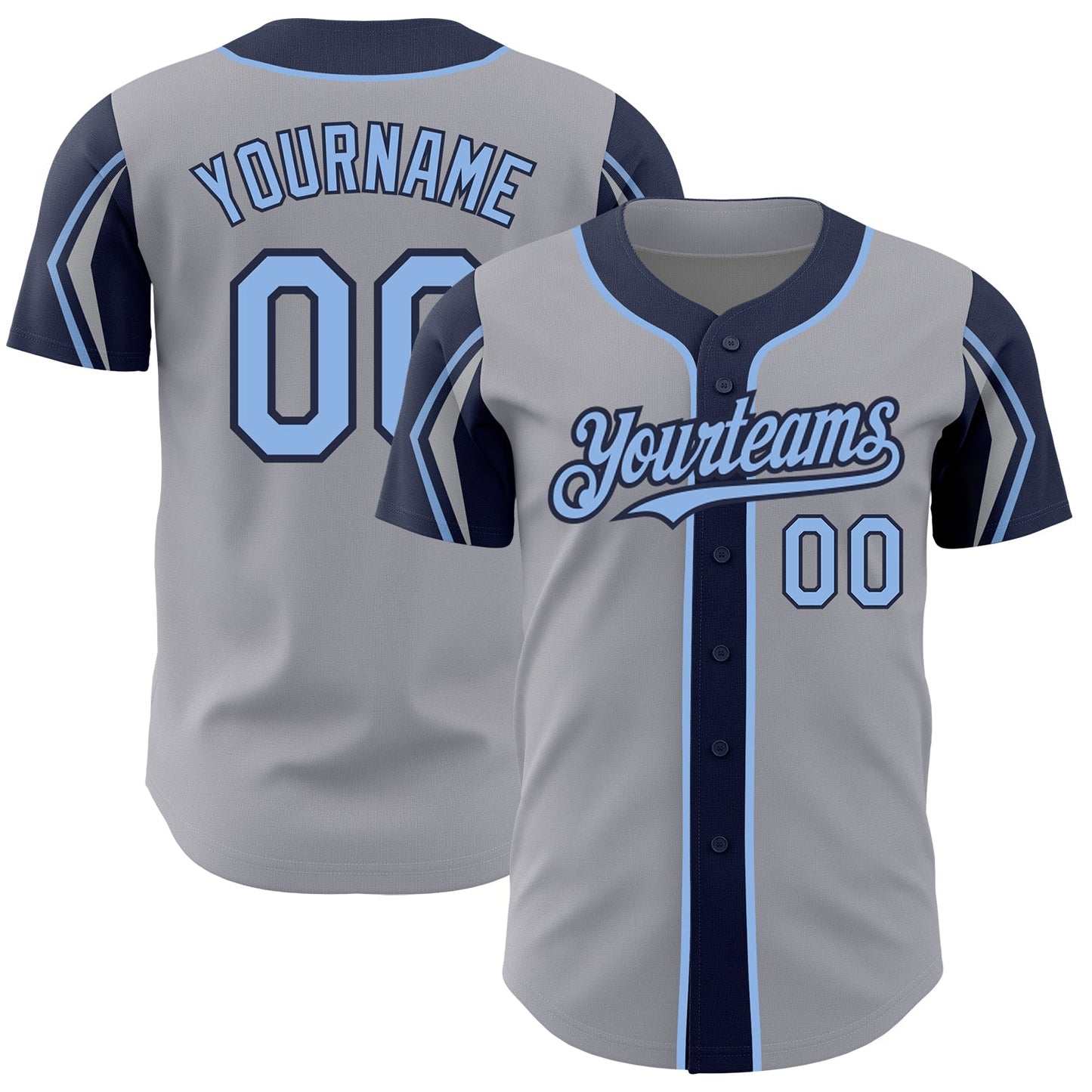 Custom Gray Light Blue-Navy 3 Colors Arm Shapes Authentic Baseball Jersey - Main View
