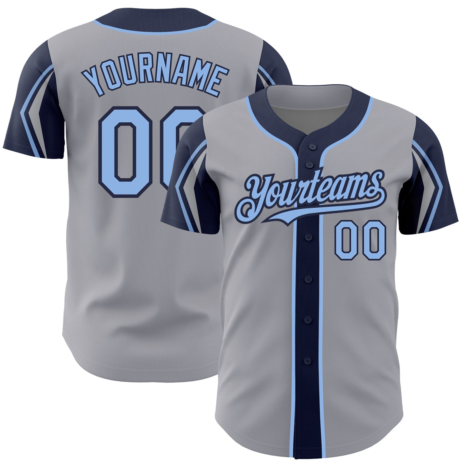 Custom Gray Light Blue-Navy 3 Colors Arm Shapes Authentic Baseball Jersey - Main View