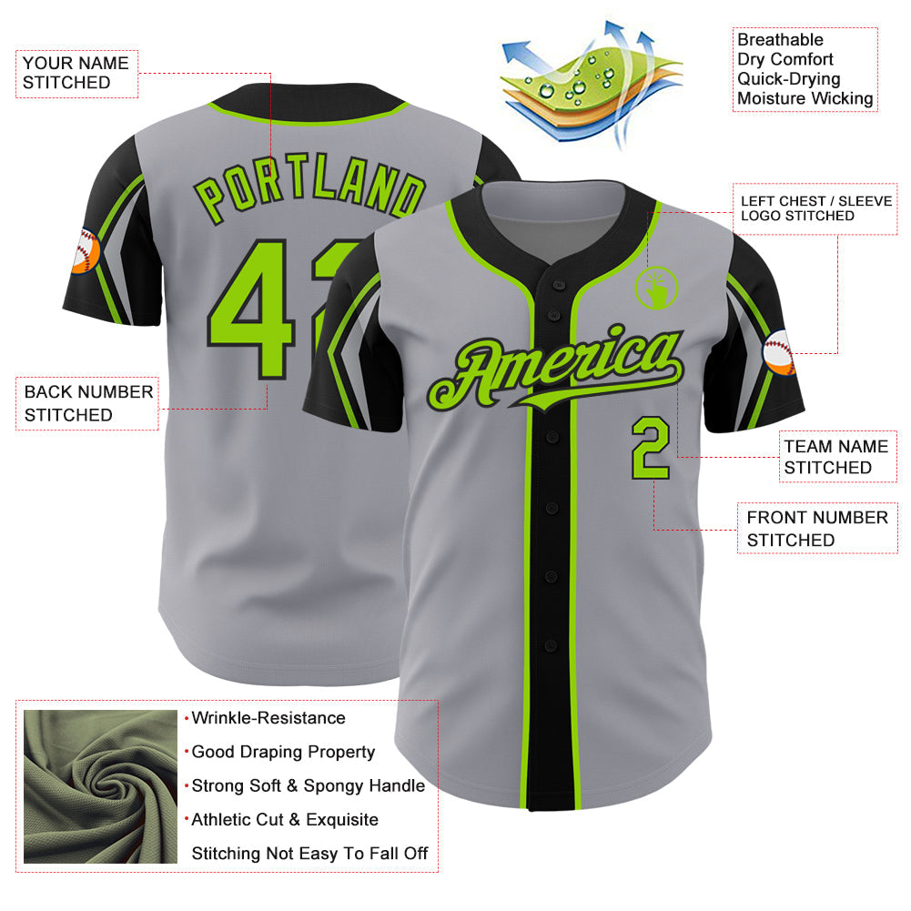 Custom Gray Neon Green-Black 3 Colors Arm Shapes Authentic Baseball Jersey view 4