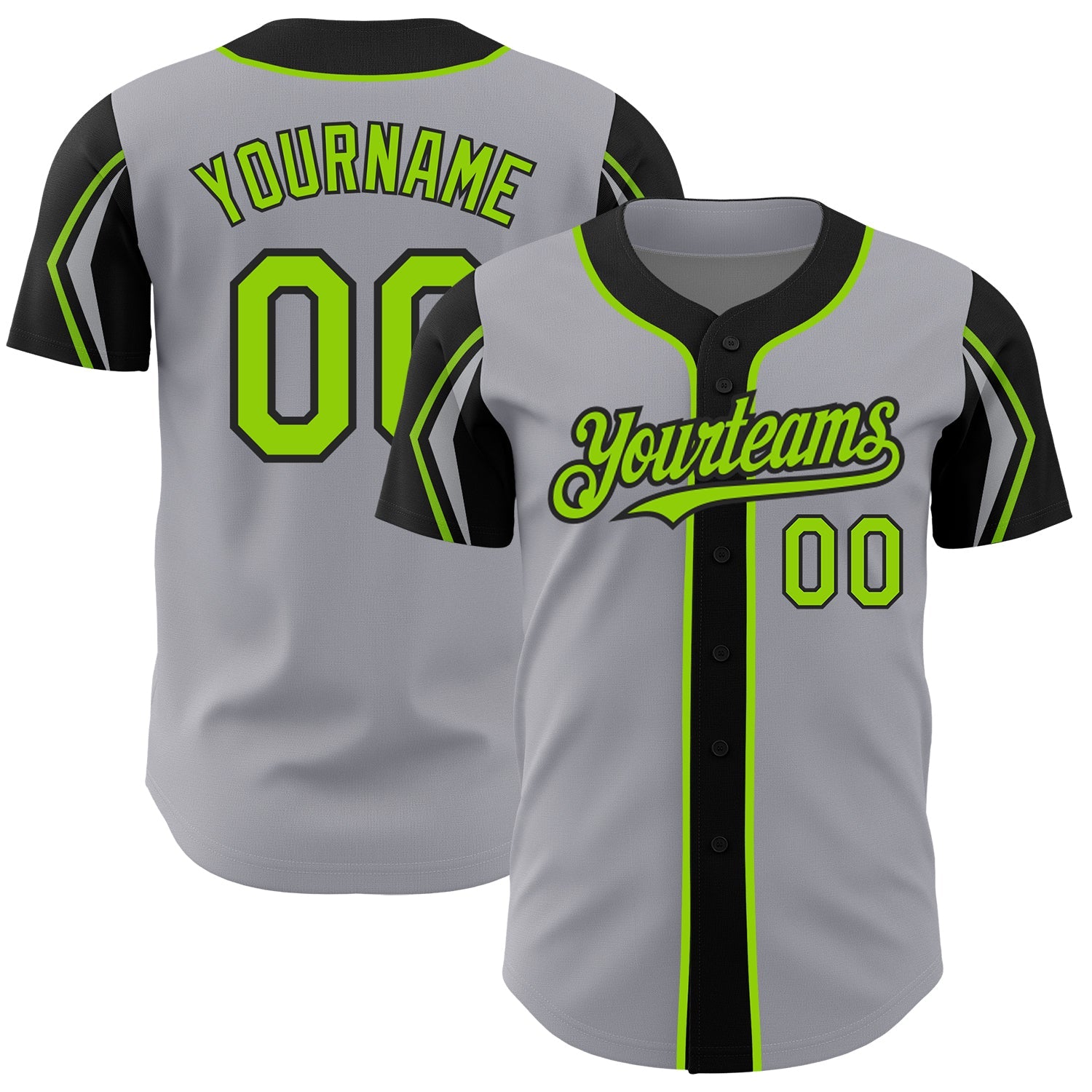 Custom Gray Neon Green-Black 3 Colors Arm Shapes Authentic Baseball Jersey - Main View