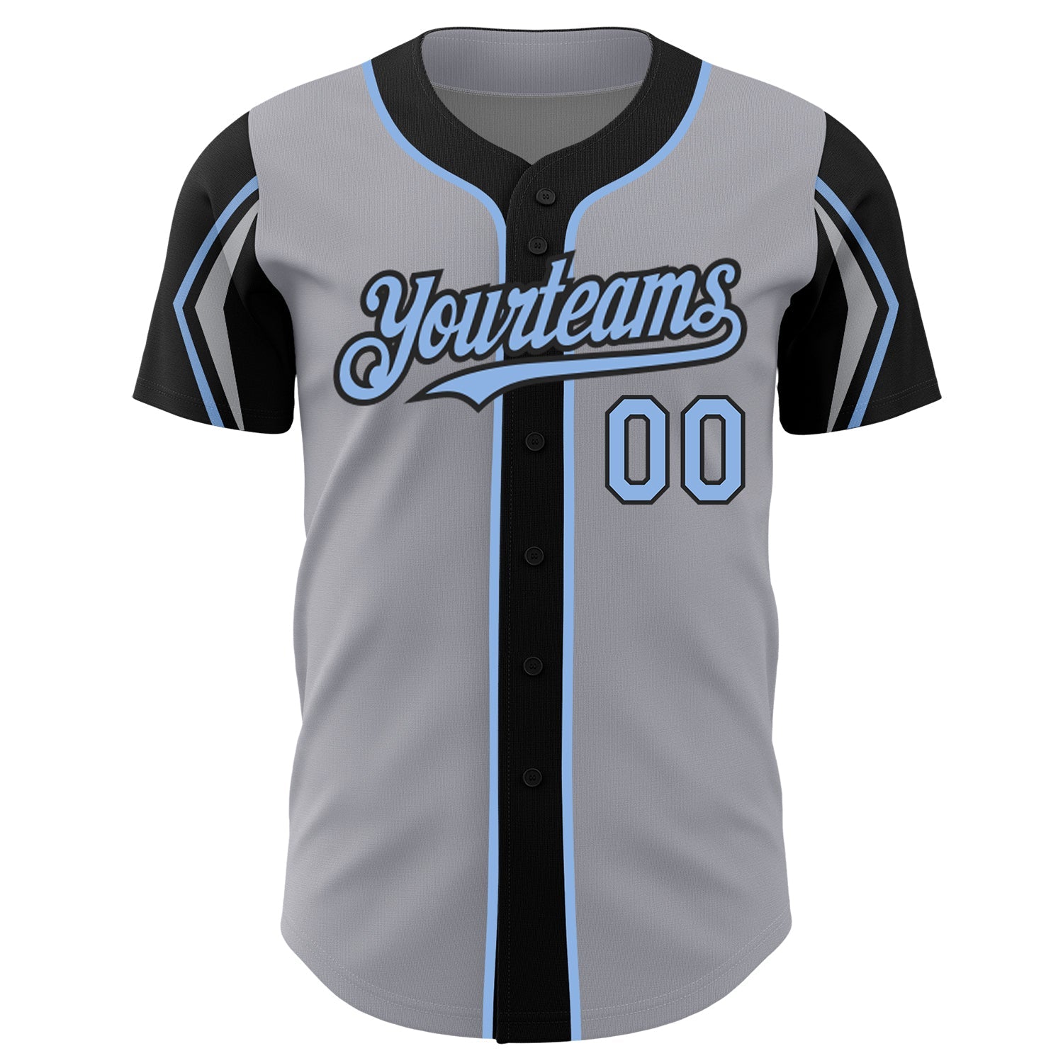 Custom Gray Light Blue-Black 3 Colors Arm Shapes Authentic Baseball Jersey view 3