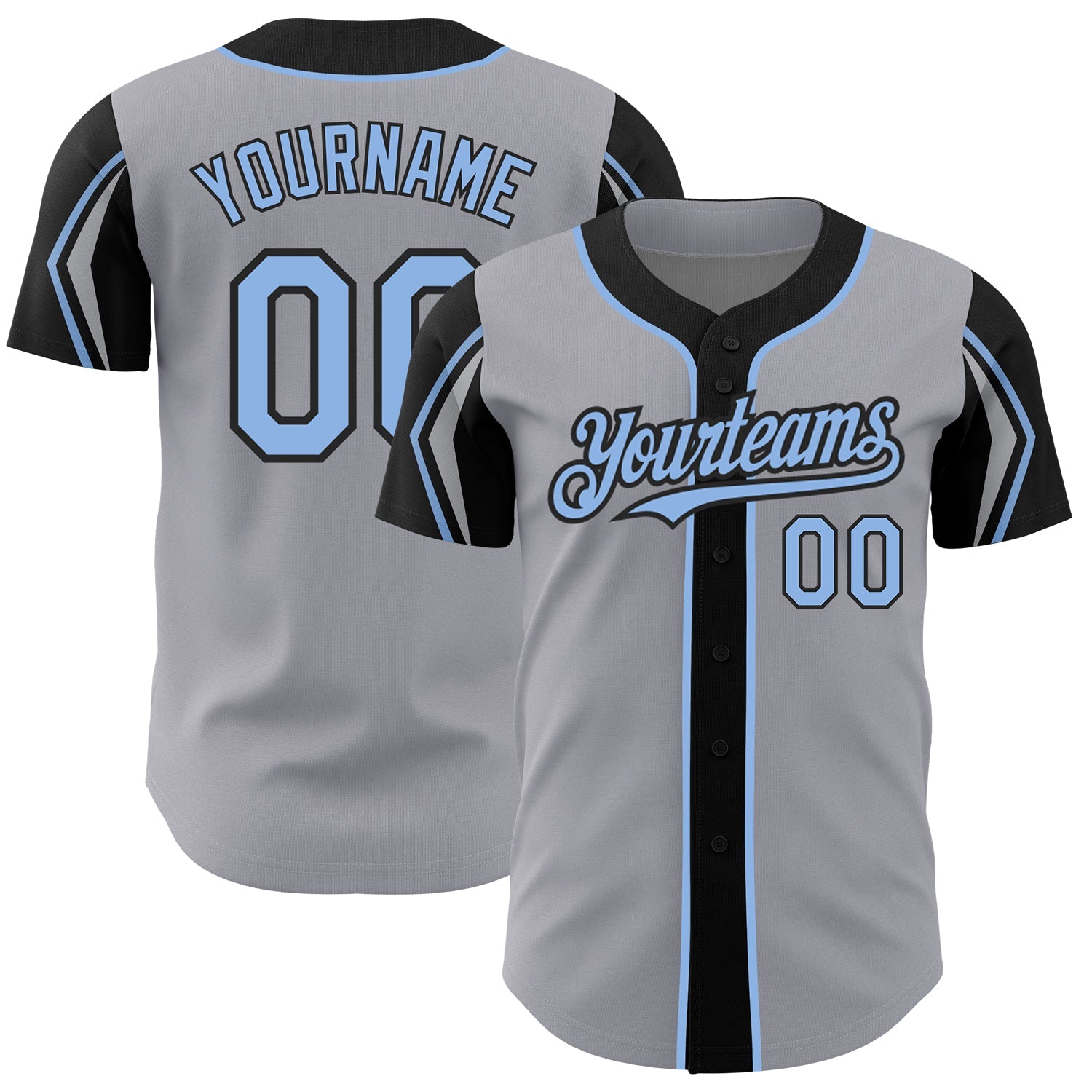 Custom Gray Light Blue-Black 3 Colors Arm Shapes Authentic Baseball Jersey - Main View