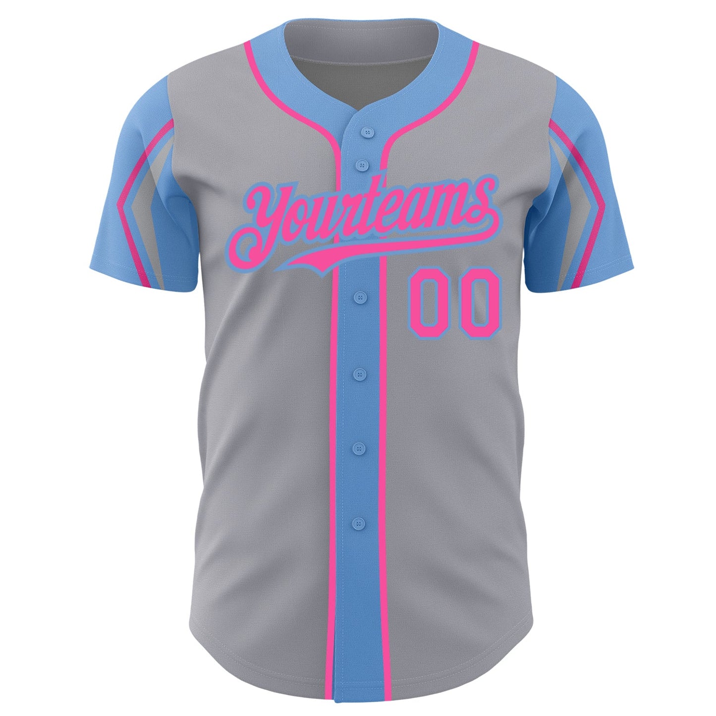 Custom Gray Pink-Light Blue 3 Colors Arm Shapes Authentic Baseball Jersey view 3
