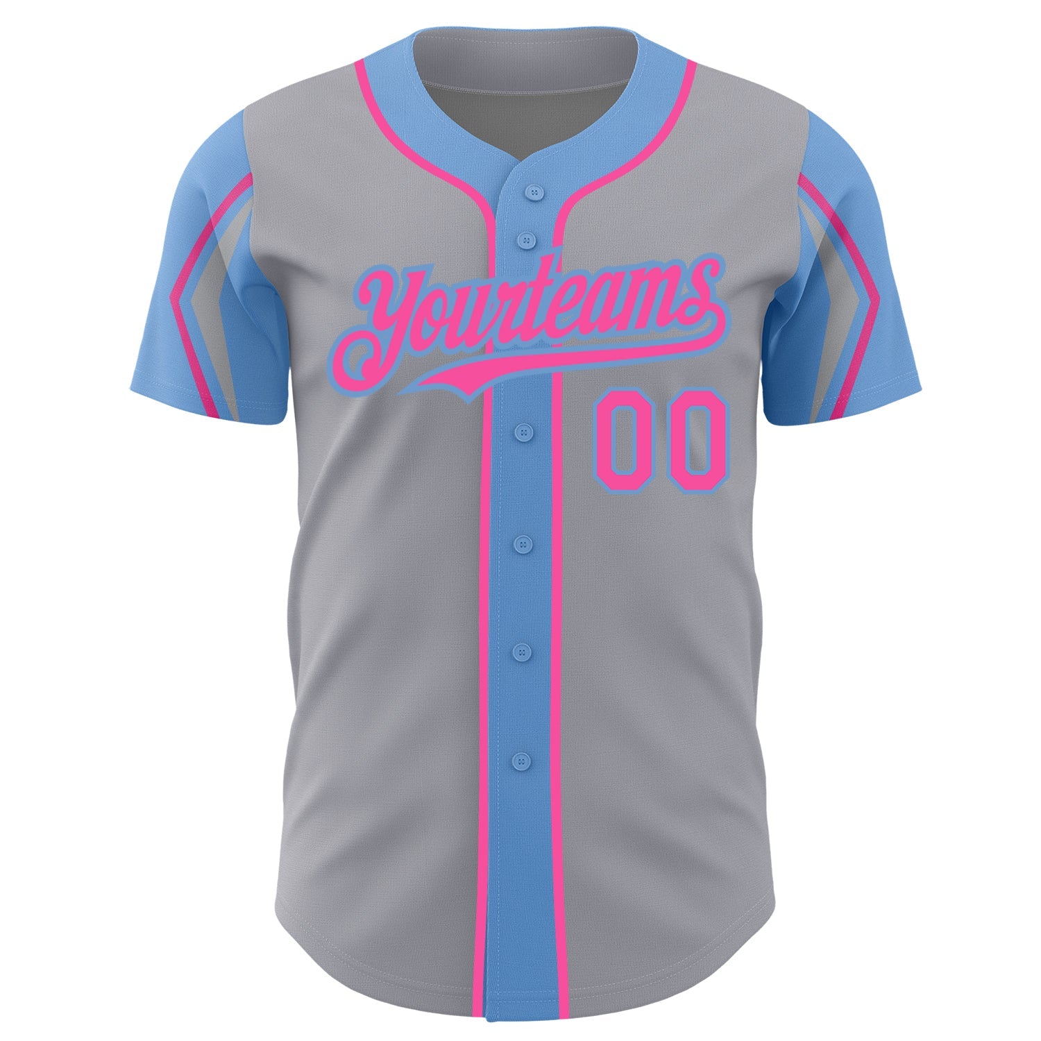 Custom Gray Pink-Light Blue 3 Colors Arm Shapes Authentic Baseball Jersey view 3
