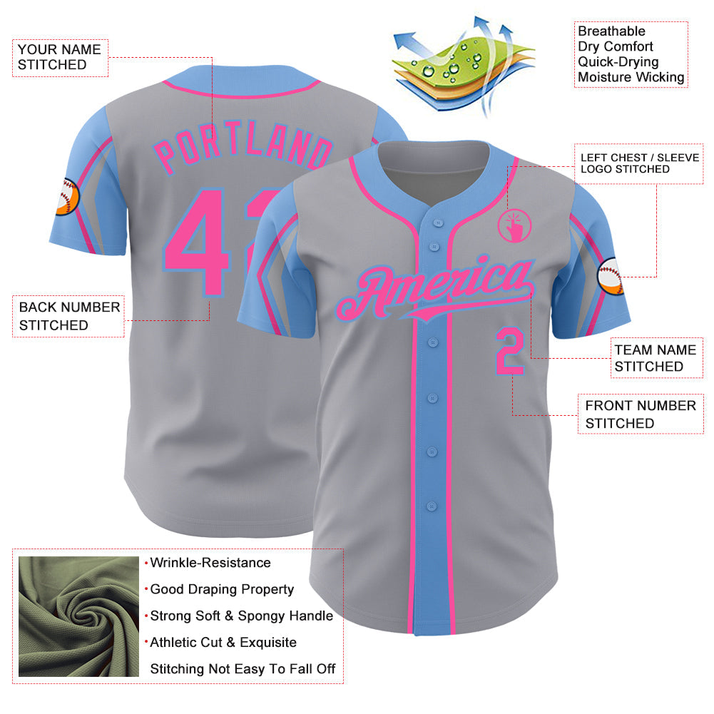 Custom Gray Pink-Light Blue 3 Colors Arm Shapes Authentic Baseball Jersey view 4